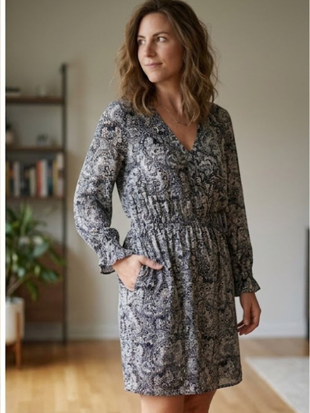 a.n.a Black White Whimsy Paisley Long Sleeve A-Line Peasant Dress Size L NWT